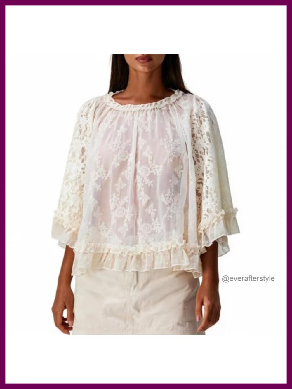 Women's Sheer Lace Floral 3/4 Flared Sleeve Blouse Top